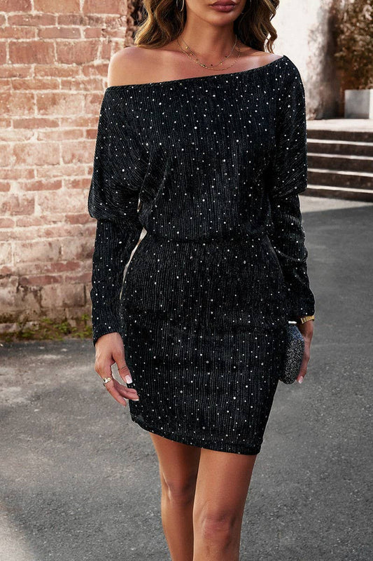 WOMEN SLIM ONE OFF SHOULDER SEQUIN PARTY DRESS_CWDSD1937