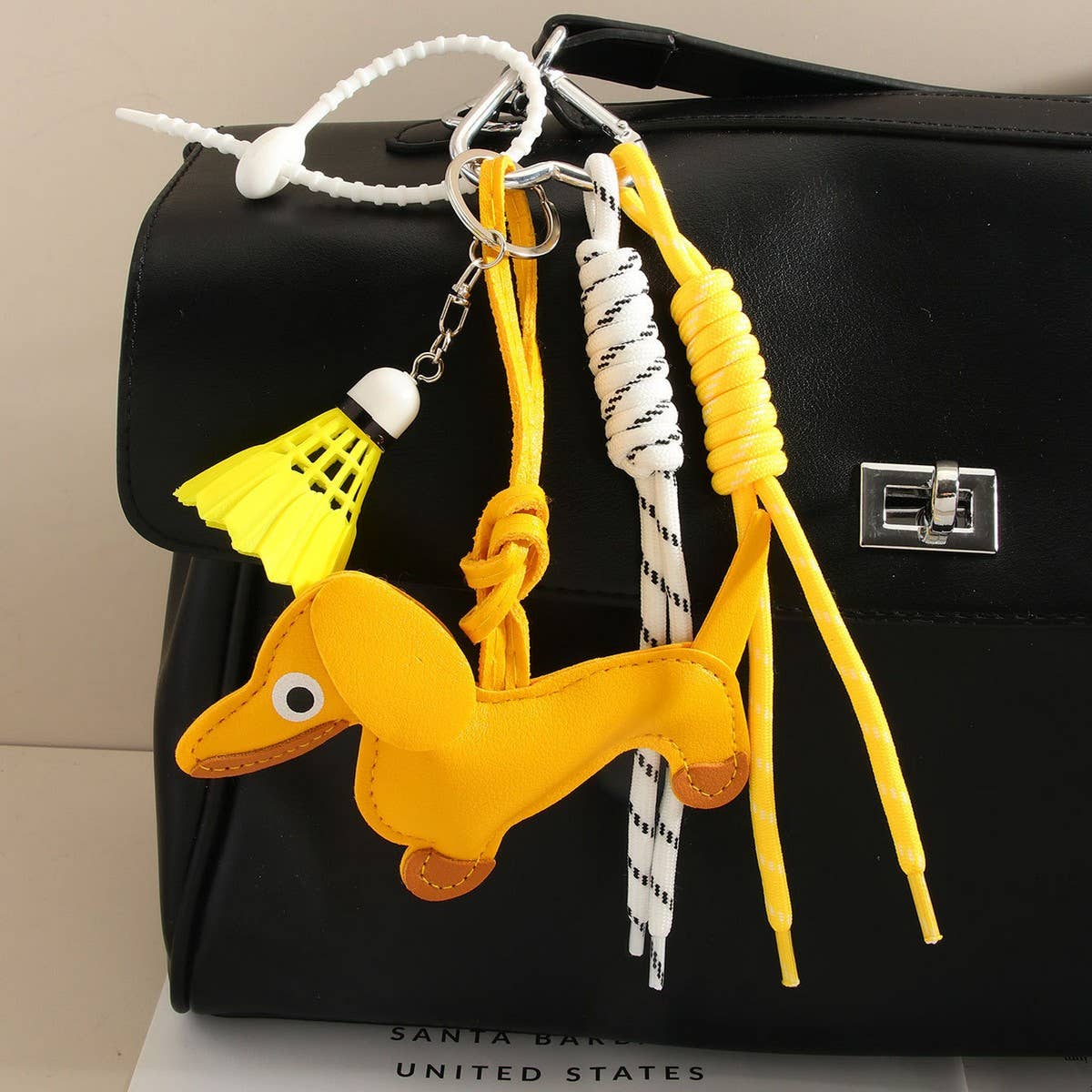 Cute Leather Dachshund Bag Charm with Shuttlecock