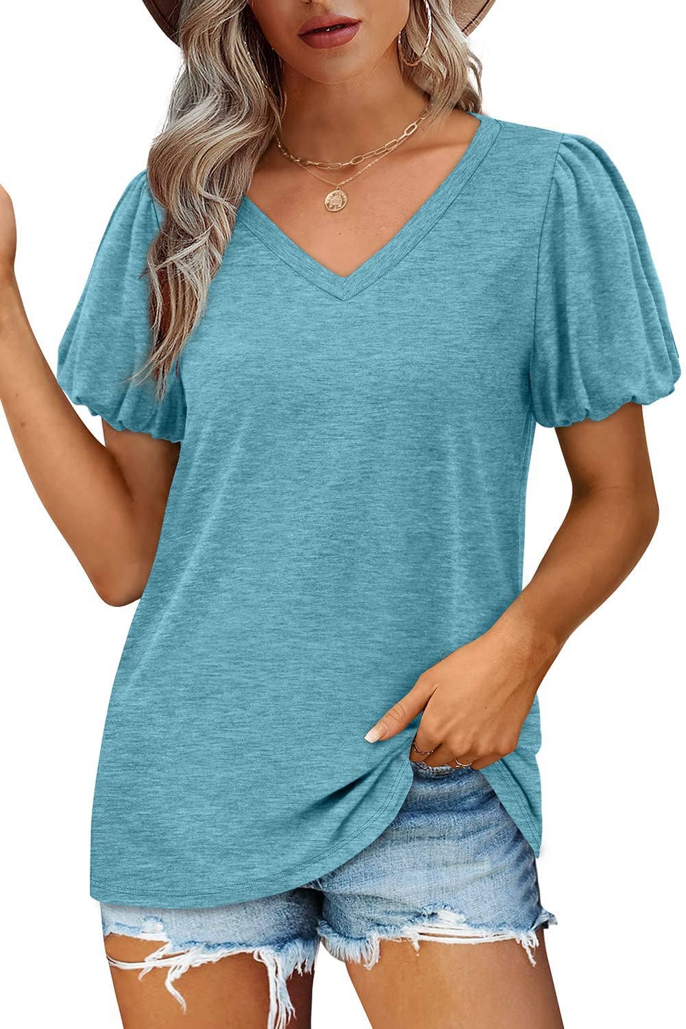 V-NECK LANTERN SLEEVE SOLID SHORT-SLEEVED TOP