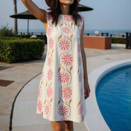 Straight, sleeveless, round-neck floral dress