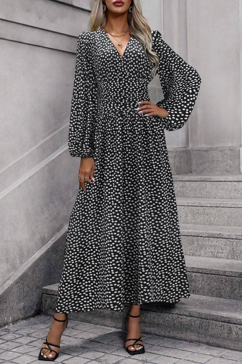 CWDMD3950_V-NECK LANTERN SLEEVES HIGH SLIT DRESS