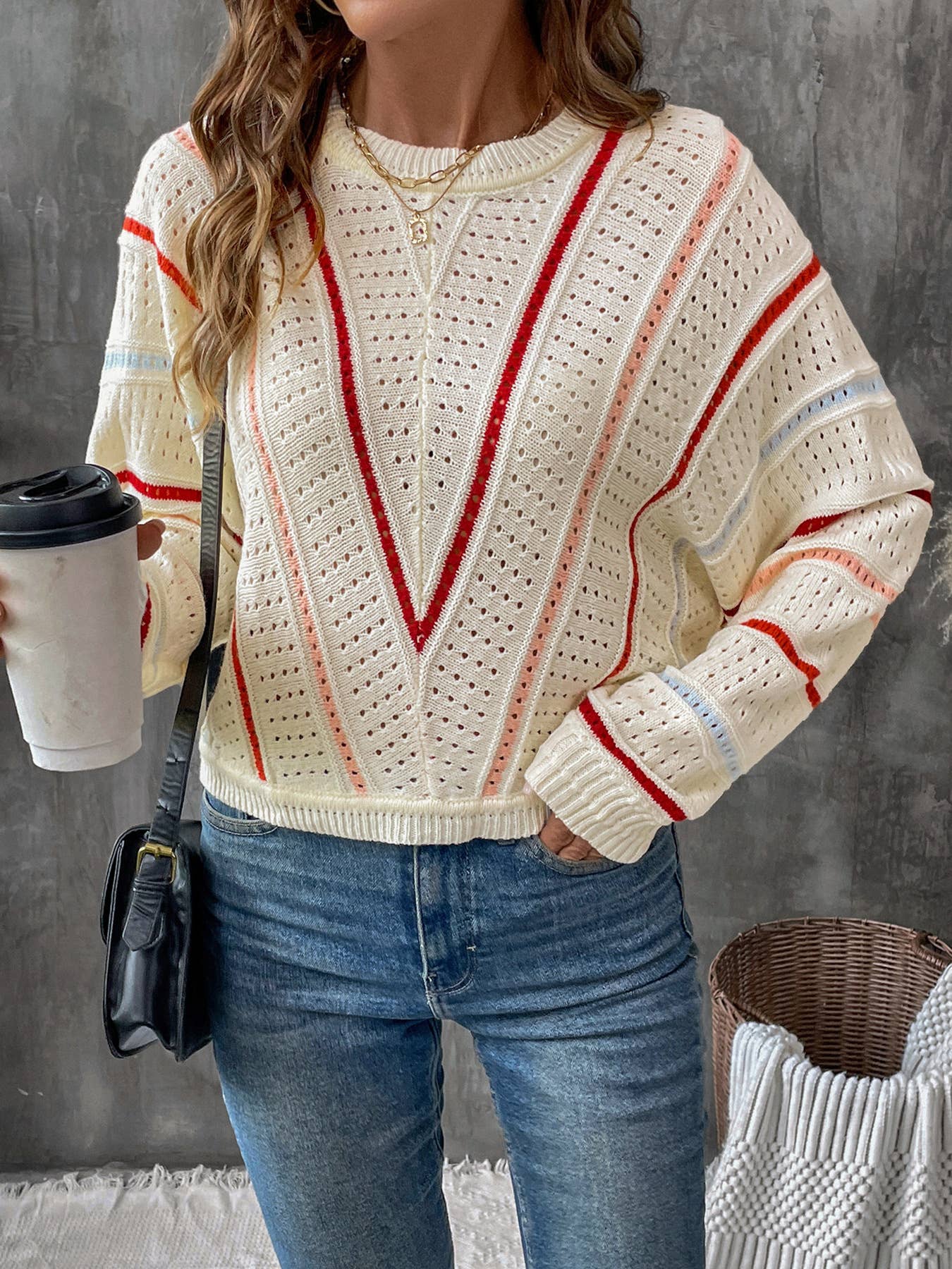 STRIPED SWEATER CREW NECK PULLOVER SWEATER
