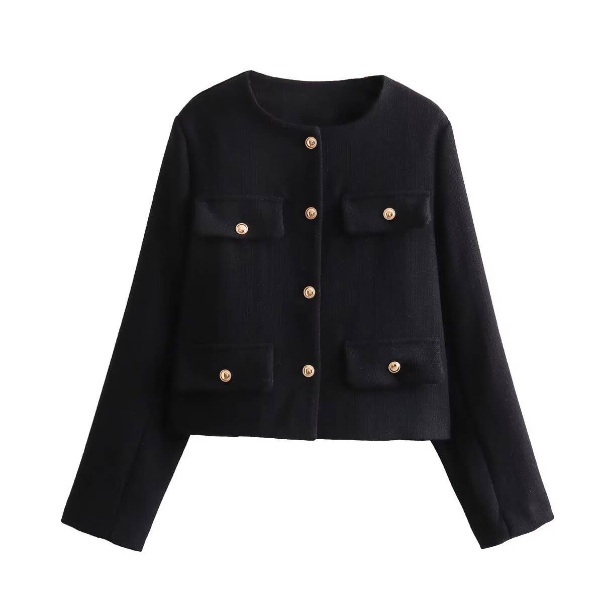 Round neck, loose golden buttons Short jacket