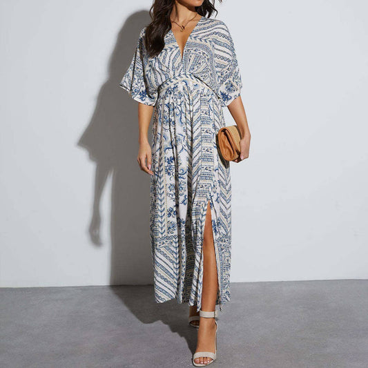 Printed short sleeve printed V-neck long  dress