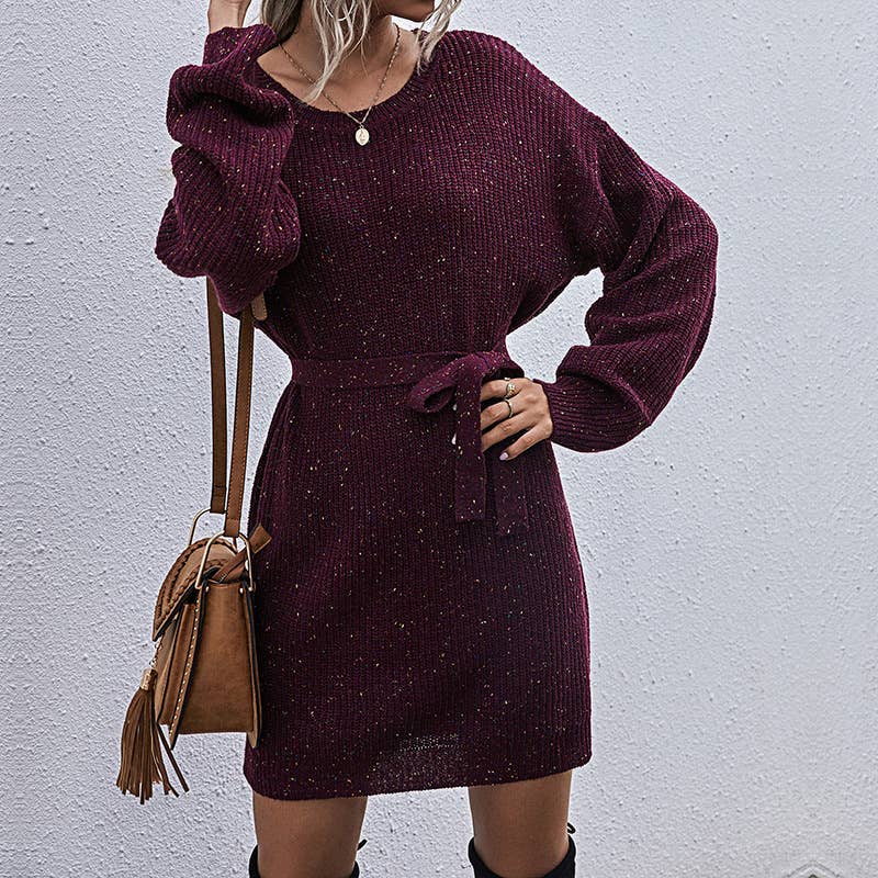 Solid-color laid-back lace-up knitted dress