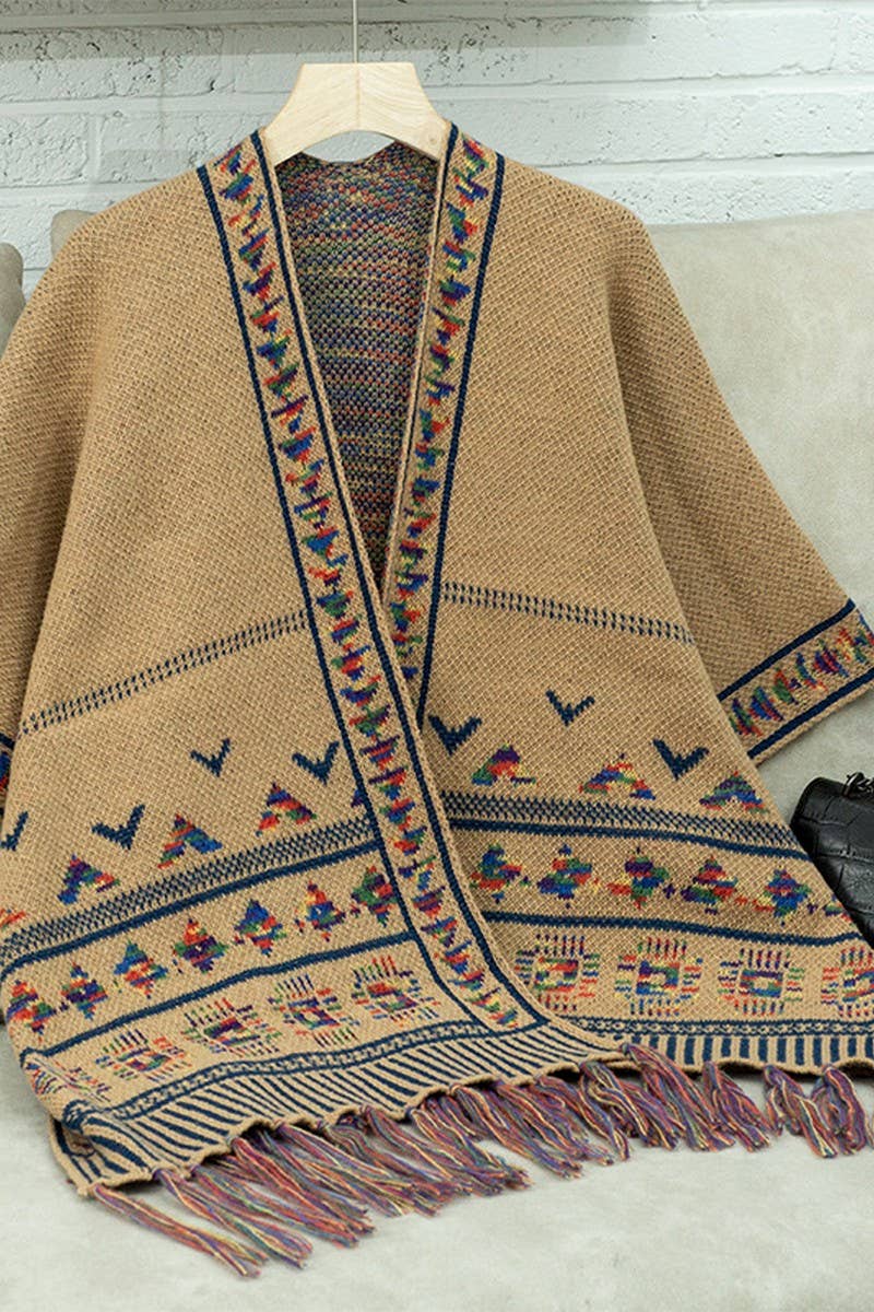 CWOSWS0090_LOOSE KNITTED TASSEL JACQUARD CAPE SHAWL