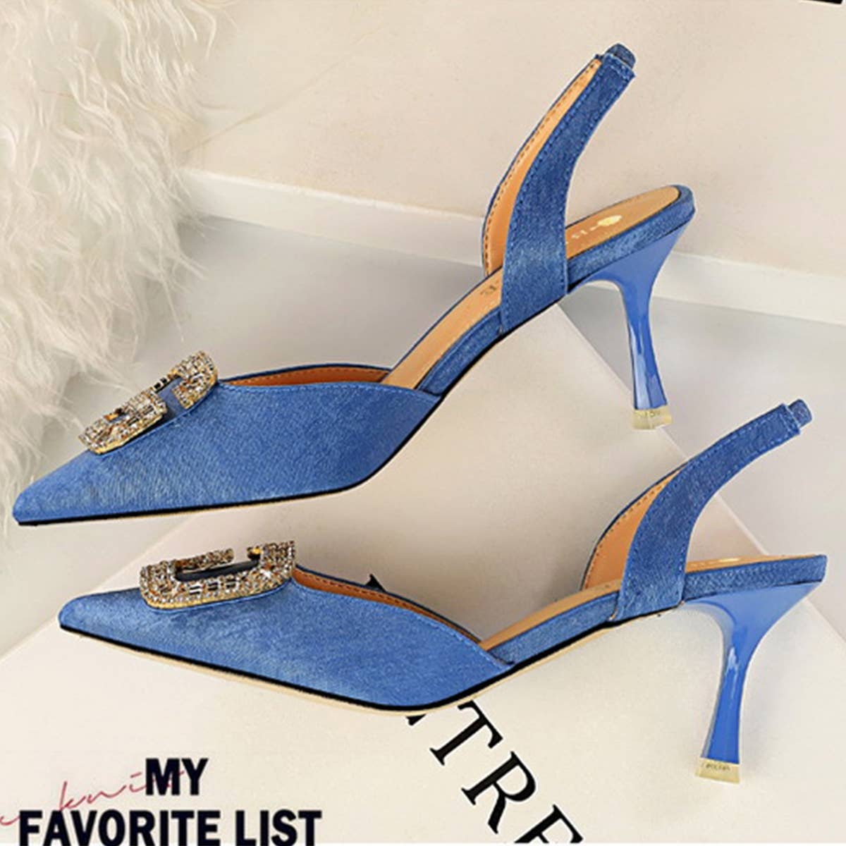 SHALLOW POINTED TOE RHINESTONE BUCKLE HIGH HEELS