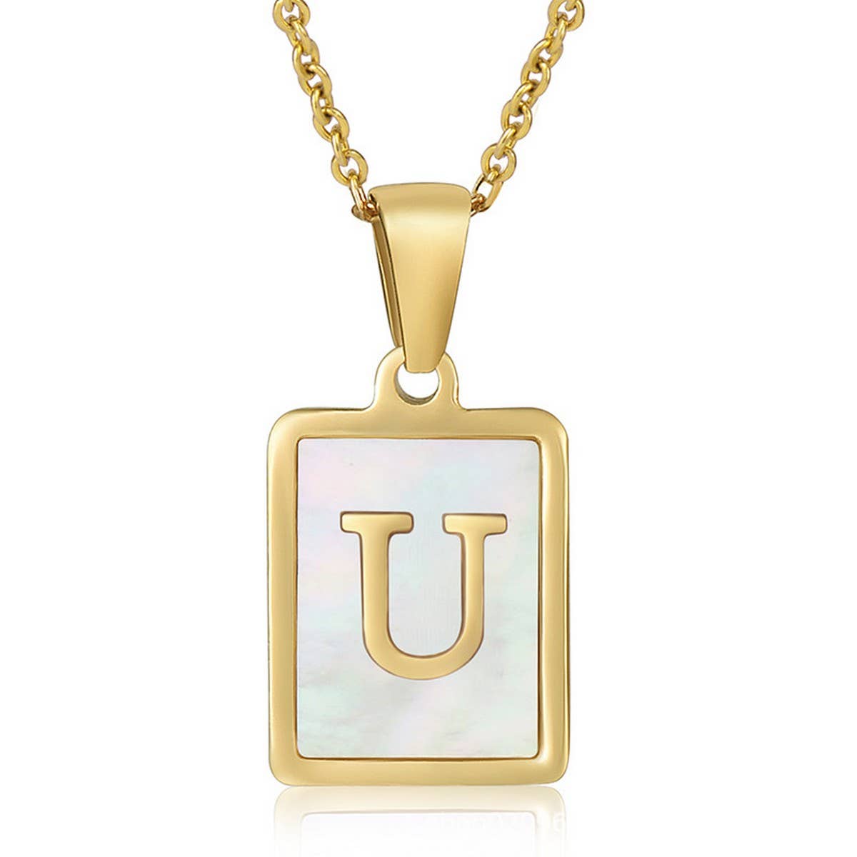 CWAJE1917_Square Stainless Steel White Shell Letter Necklace