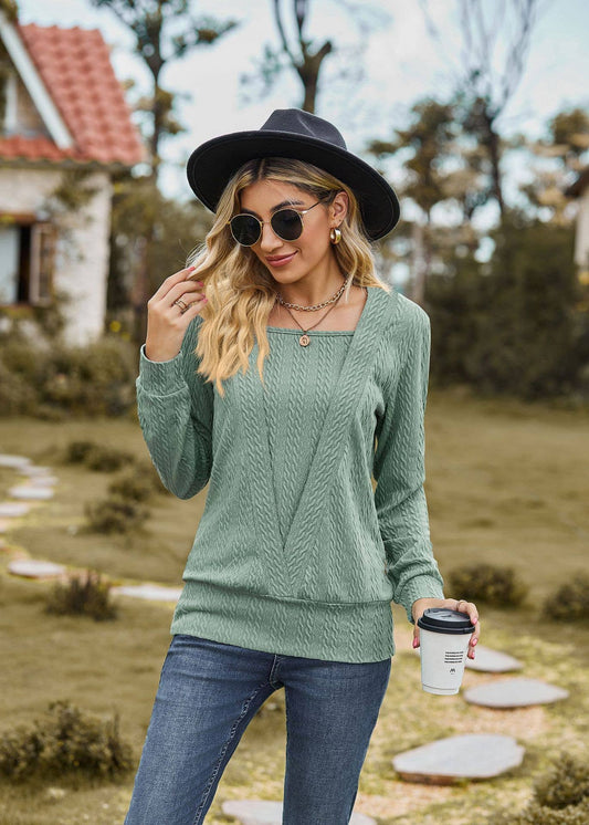 SQUARE NECK CROSS LONG SLEEVE LOOSE T-SHIRT