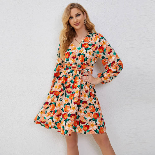 V-neck floral waist-cinched elegant dress
