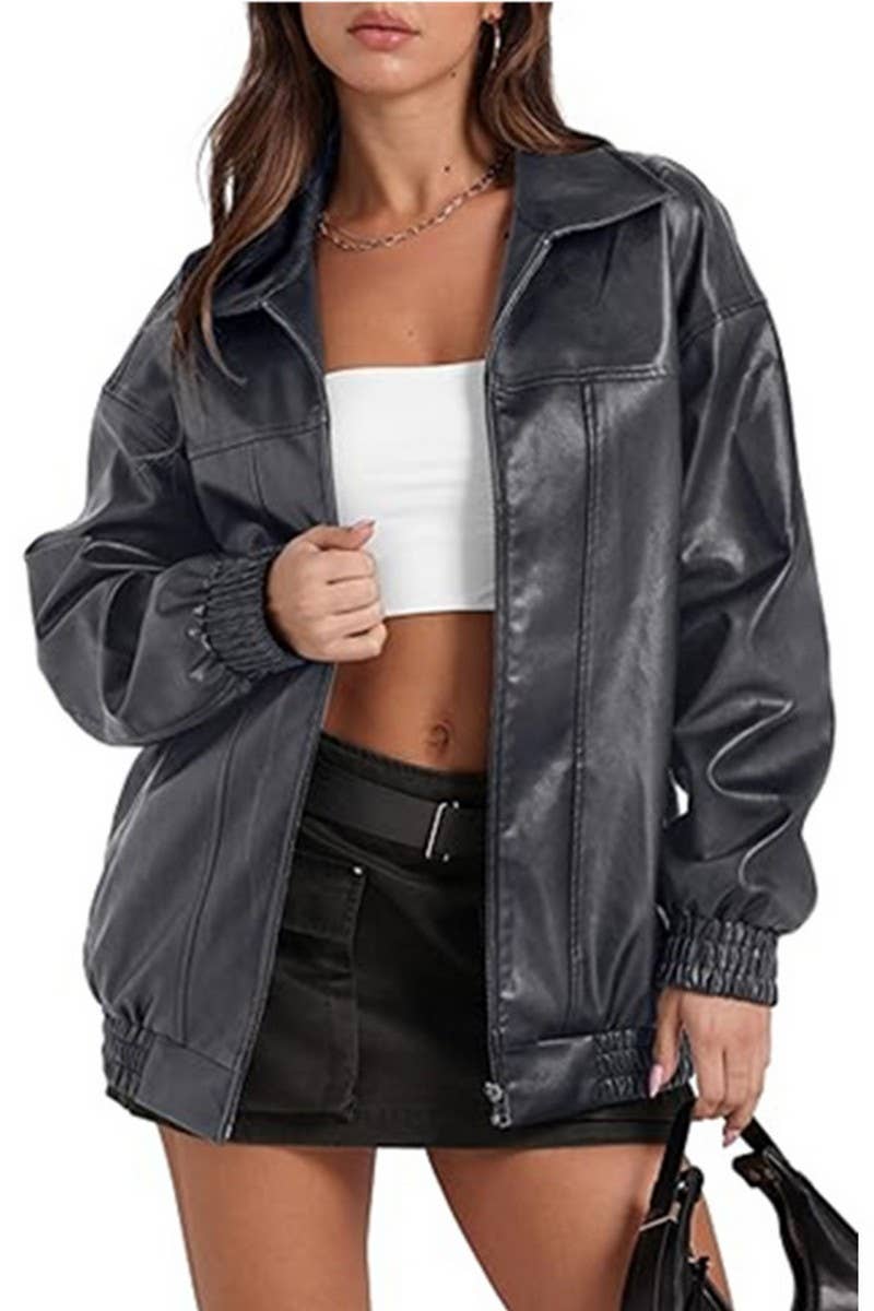 CWOCO1150_LAPEL ZIPPER SIDE POCKET PU LEATHER JACKET