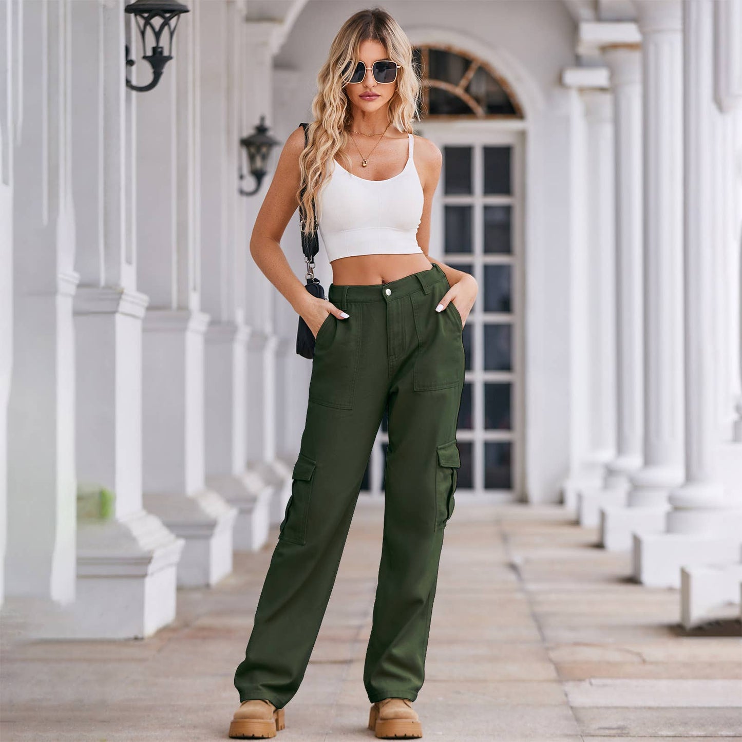 WASHED SEMI-ELASTIC-WAISTED DENIM CARGO PANTS