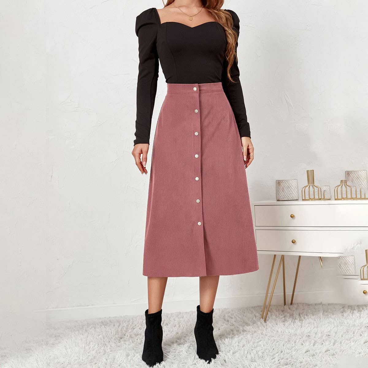CORDUROY SKIRT SINGLE BREASTED HIGH WAISTLONGSKIRT