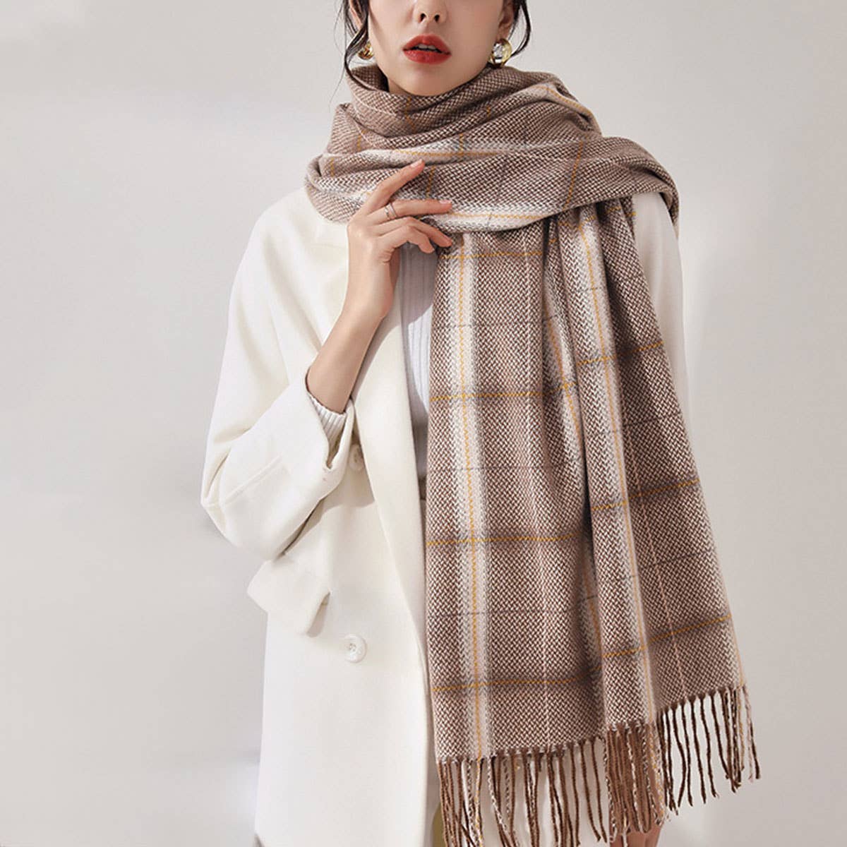 Plaid Faux Cashmere Scarf - Tassel Winter Shawl_CWASC0218