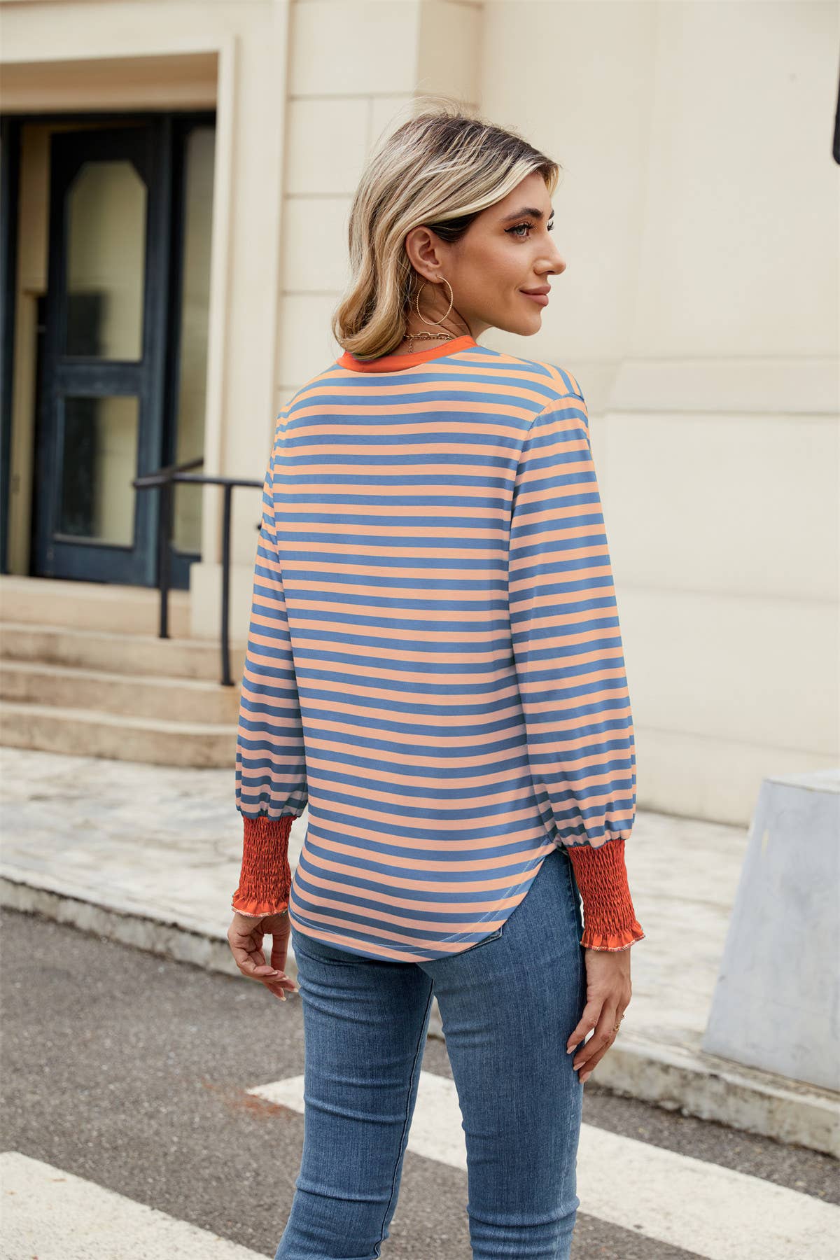 V-neck long-sleeved striped color-blocked top