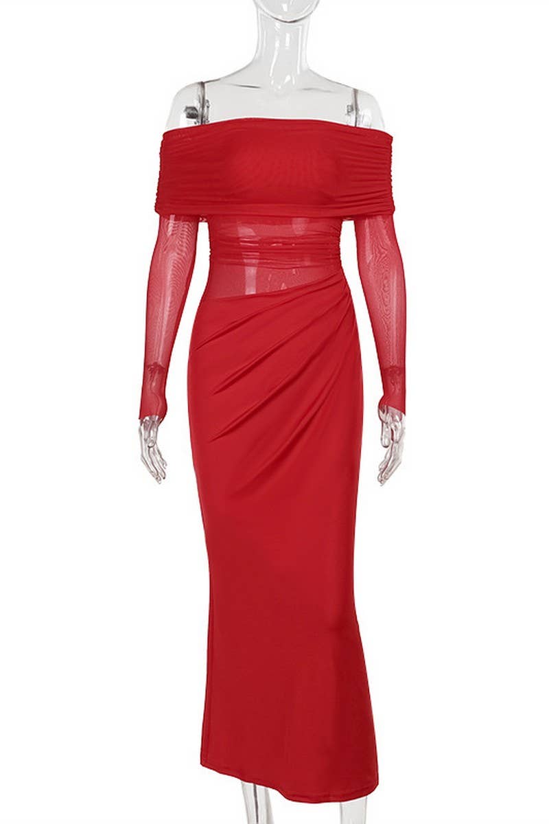 CWDMD4232_SOLID COLOR ONE SHOULDER MESH HOLLOW DRESS