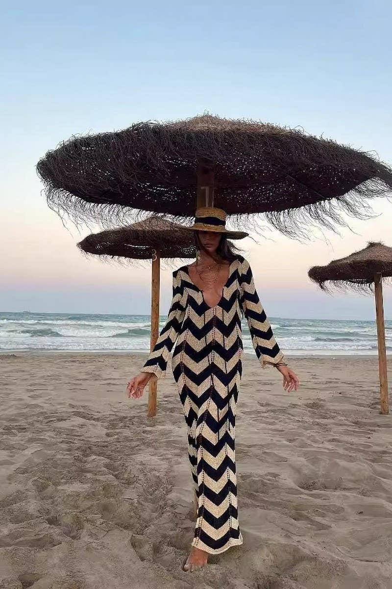 CWDMD4148_LONG-SLEEVED KNITTED ROUND NECK LACE HOLLOW DRESS