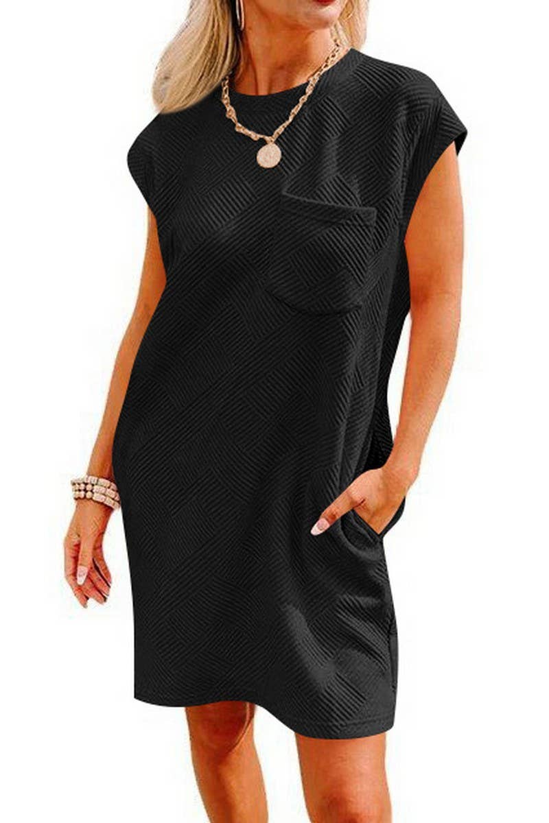 CWDSD6682_CASUAL ROUND NECK POCKET SHORT SLEEVE LOOSE DRESS