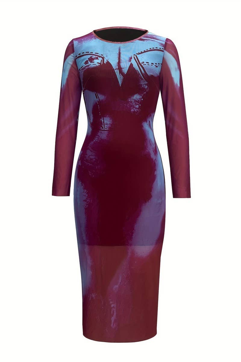 CWDMD5039_FASHION SEXY PRINTED SEMI-PERSPECTIVE MESH DRESS