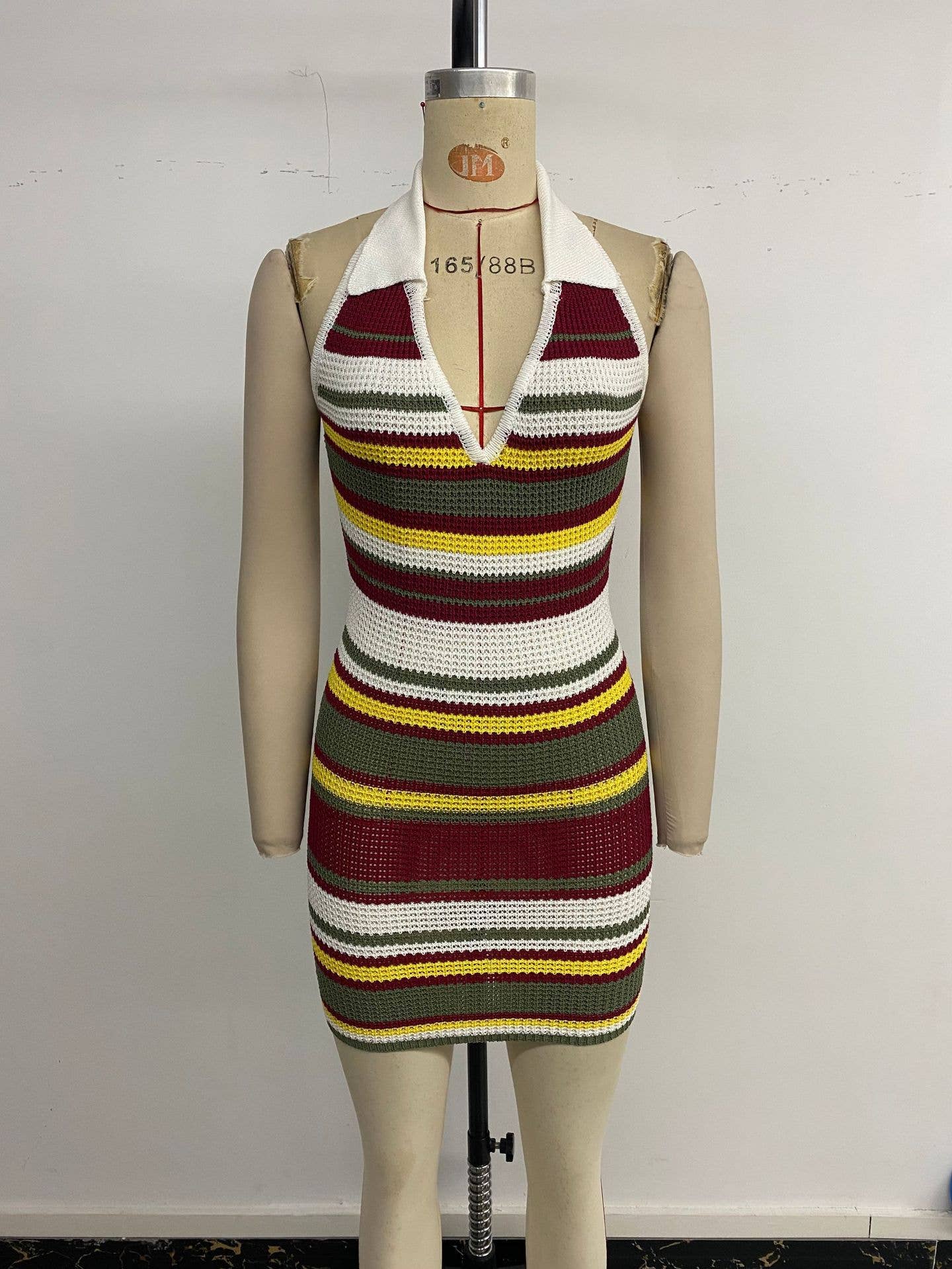 Retro striped halter-neck,fitted knitted dress