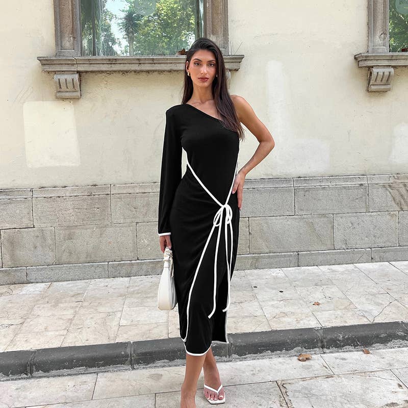 TEMPERAMENT ONE-SHOULDER COLOR EDGE LACE DRESS