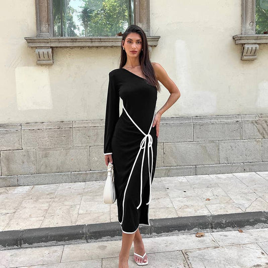 TEMPERAMENT ONE-SHOULDER COLOR EDGE LACE DRESS