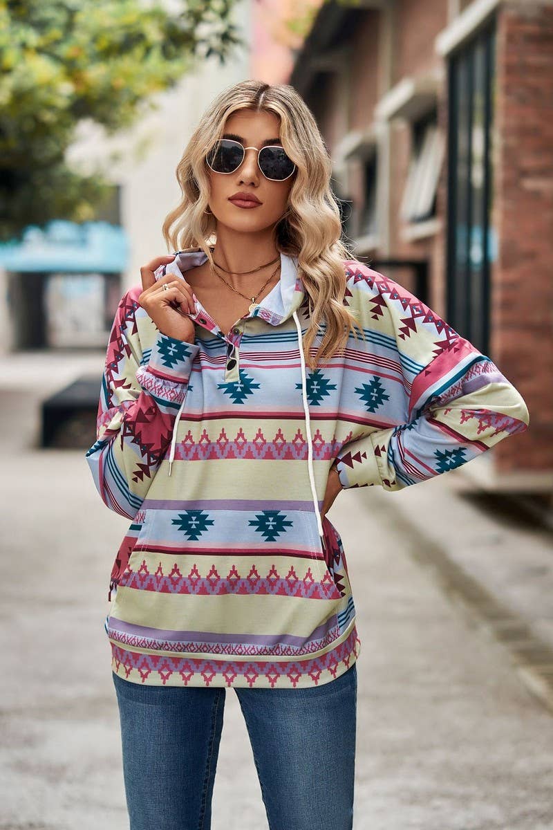 WOMEN AZTEC PRINTING DRAWSTRING WESTERN HOODIE_CWOHOL0177