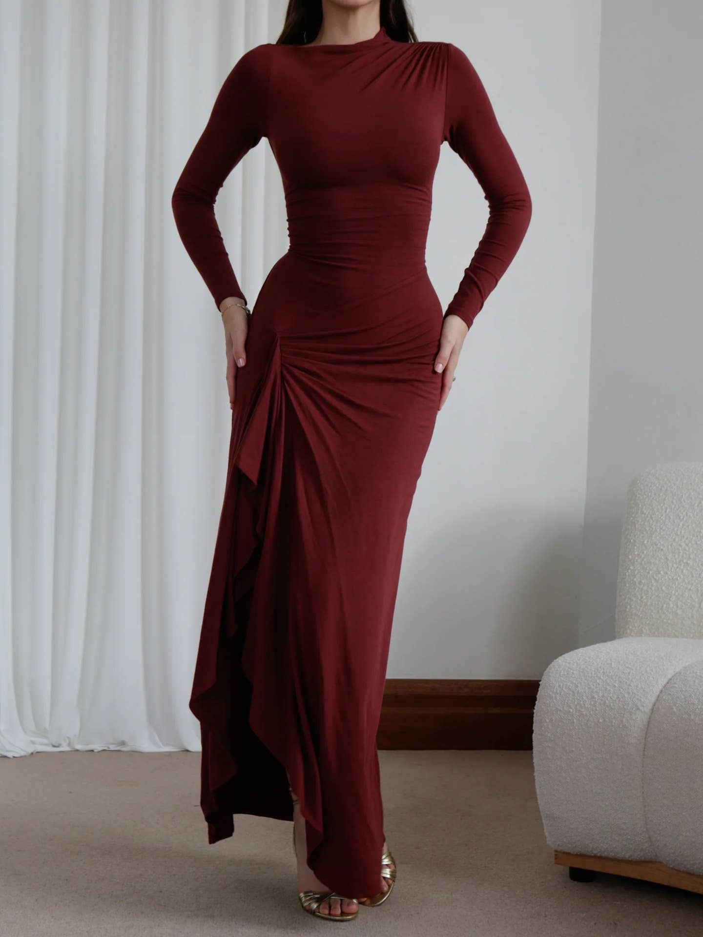 LONG SLEEVE SOLID COLOR IRREGULAR SHEATH DRESS