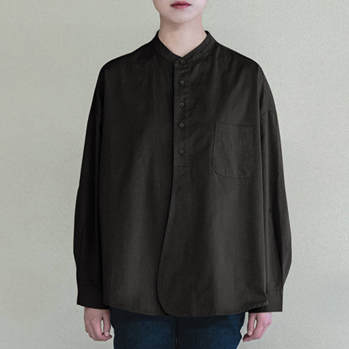 SOLID COLOR STAND COLLAR LOOSE COTTON SHIRT
