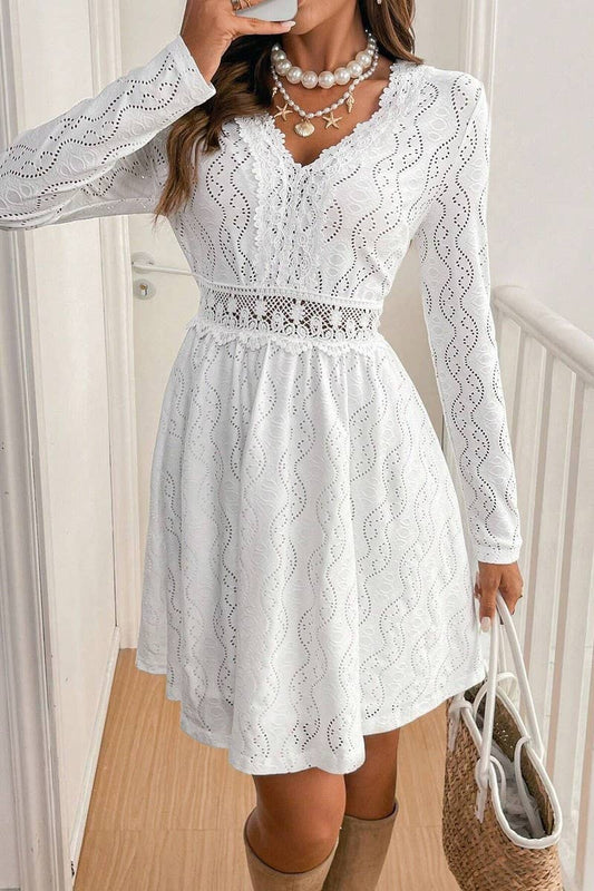 CWDSD8534_SOLID LACE PATCHWORK SCALLOP HEM MINI SUNDRESS