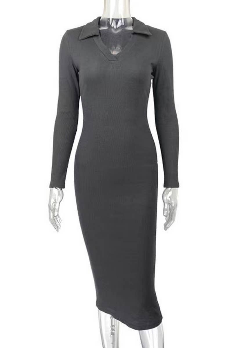 CWDMD4901_SOLID COLOR DEEP V LAPEL SLIM DRESS