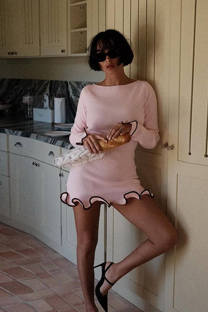 CWDSD6707_CONTRAST COLOR WAVE HEM A-LINE KNIT DRESS