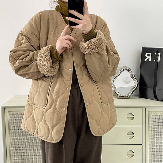 V round neck spliced lamb wool padded jacket