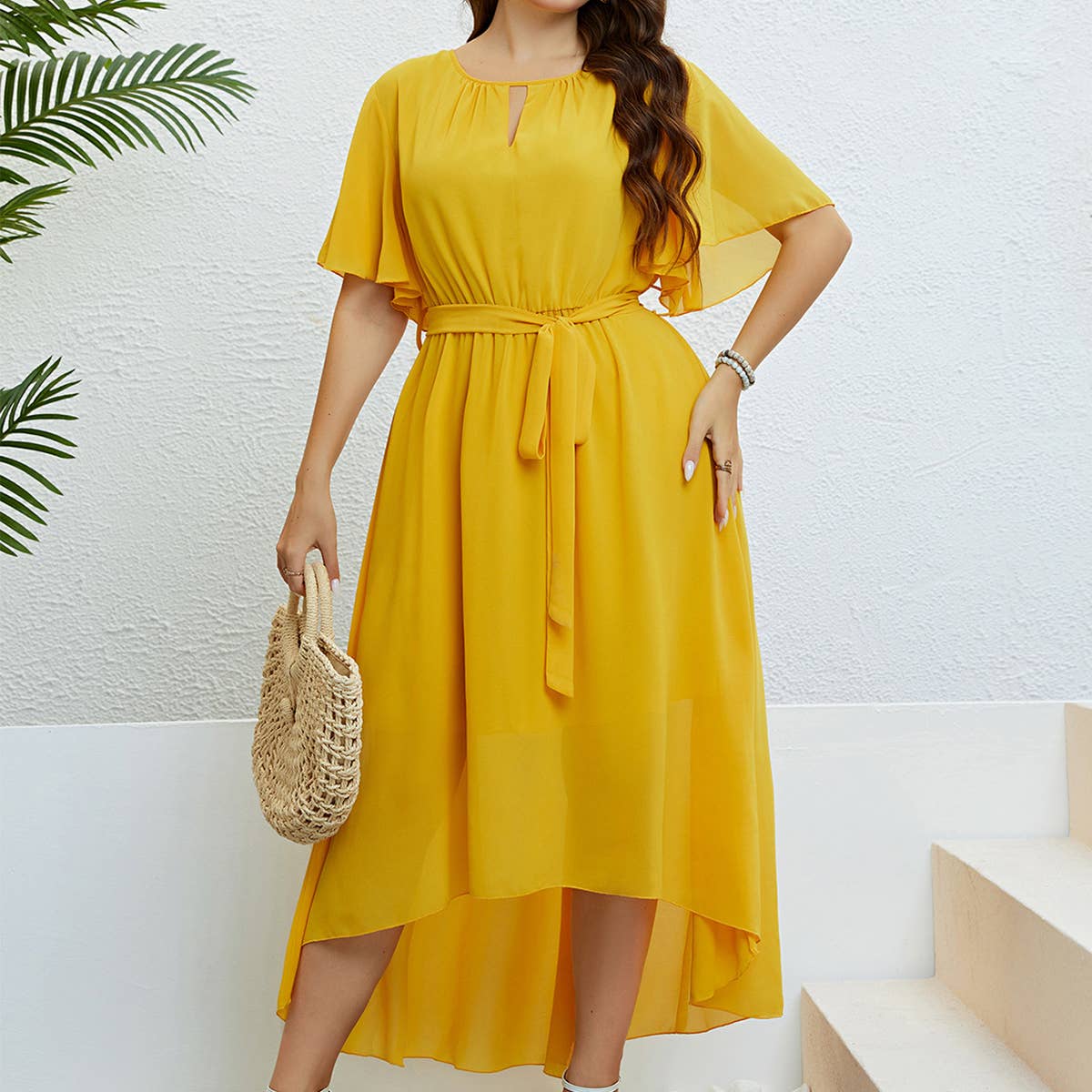 Yellow V neck tie waist up dress_CWDMD1491