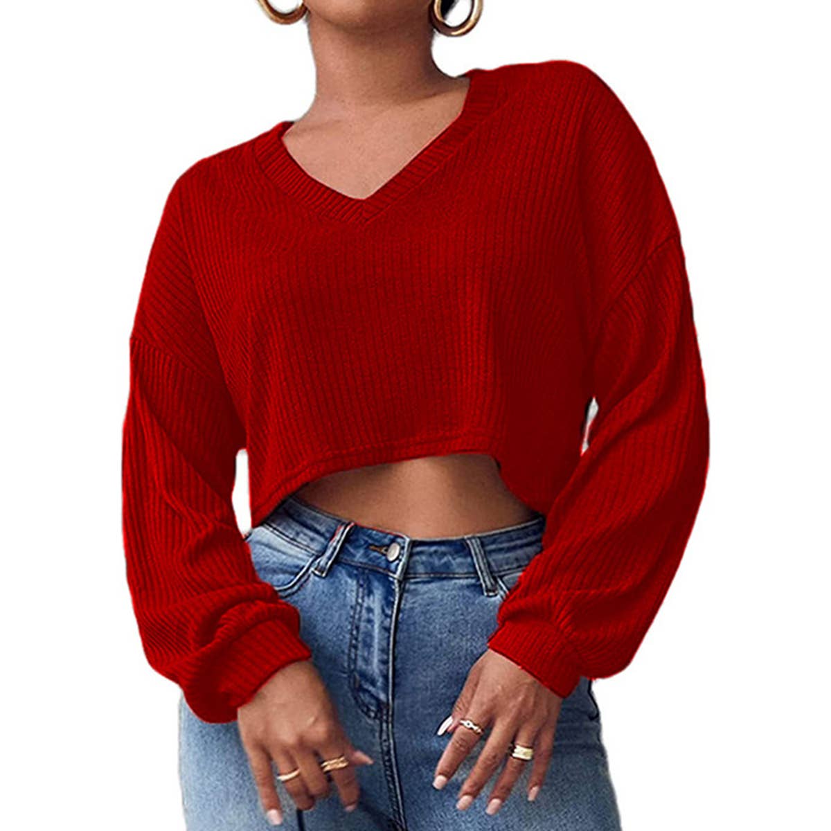 SOLID COLOR V-NECK CROP LONG SLEEVE SWEATER