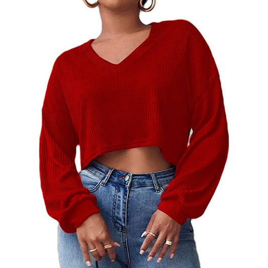 SOLID COLOR V-NECK CROP LONG SLEEVE SWEATER