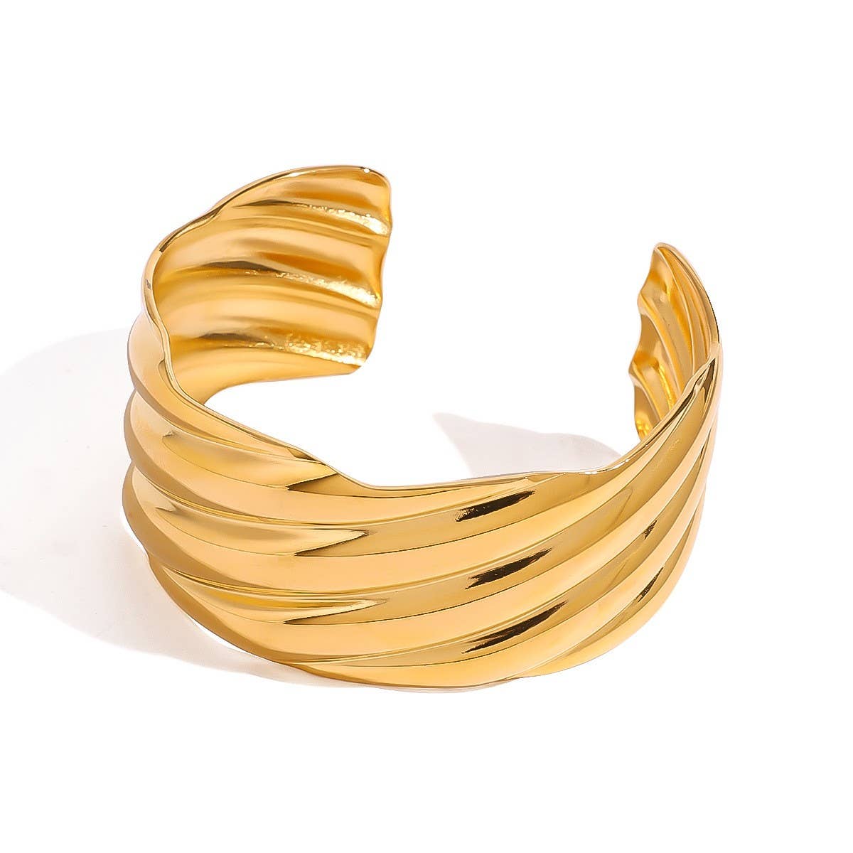 Retro Wave Design 18K Gold Steel Open Bangle