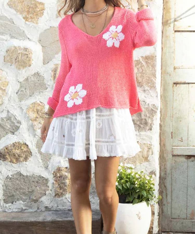 SWEET CASUAL FLORAL V-NECK SOLID COLOR SWEATER