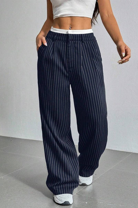 CWBLP1116_HIGH-WAISTED STRIPED LOOSE STRAIGHT-LEG TROUSERS