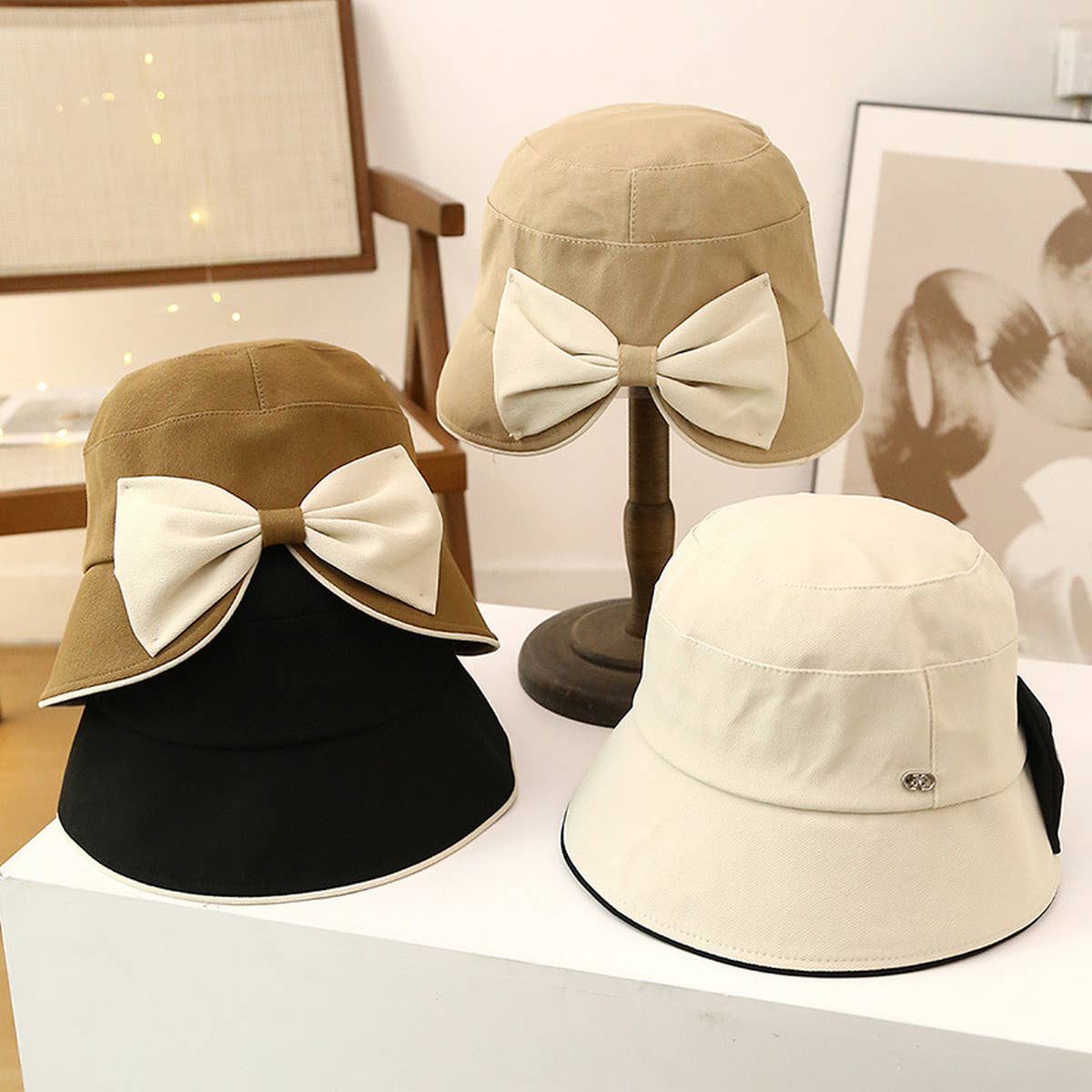 WOMEN OUTDOOR SUN VISOR BOW BUCKET HAT_CWAB2847