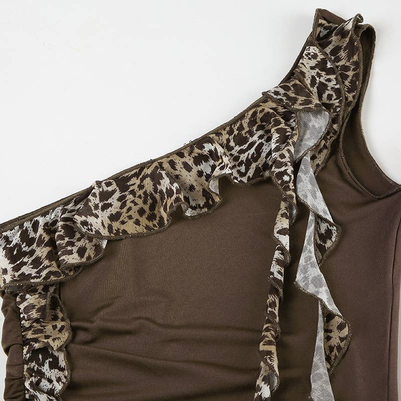 Leopard print spliced wooden ear trim vest