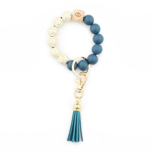 Printed Wood Bead Bracelet with PU Tassel Keychain_CWMM7015