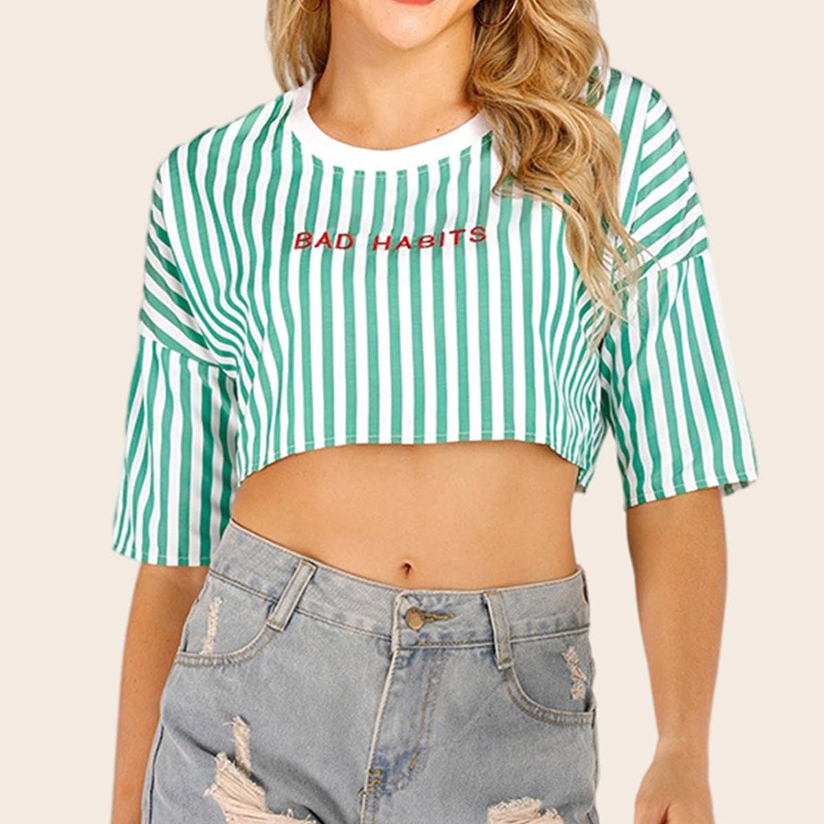 Striped letter embroidery cropped crop top
