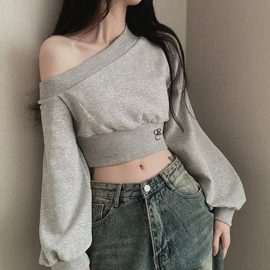 SLOPING NECK OFF-THE-SHOULDER LOOSE HOODIE