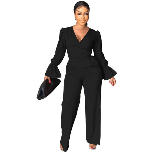 TWO-PIECE V-NECK FLARED SLEEVE TOP WIDE-LEG PANTS