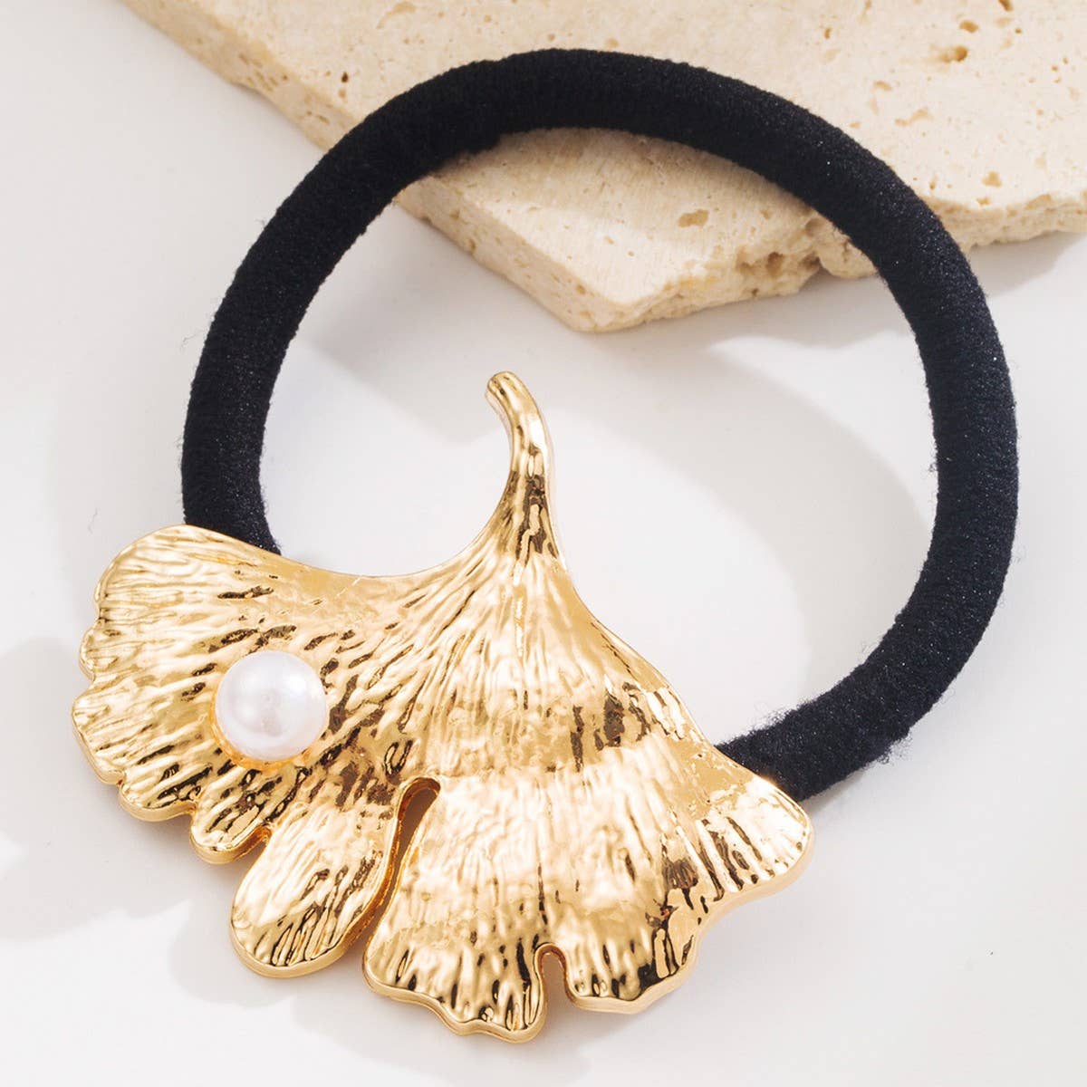 Metal Ginkgo Leaf Hair Tie with Pearl Accent