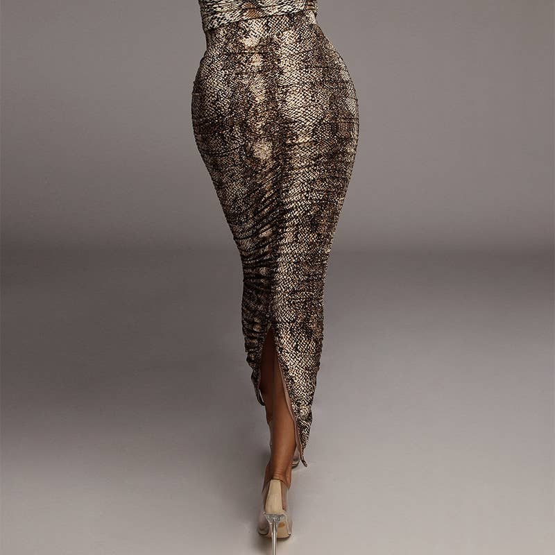 Fashion sexy tight pleated slit leopard skirt