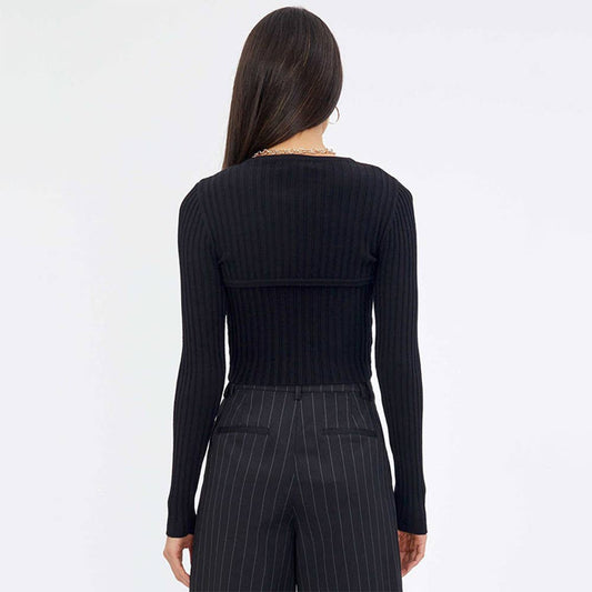 Hollowed-out solid-color long-sleeved sweater