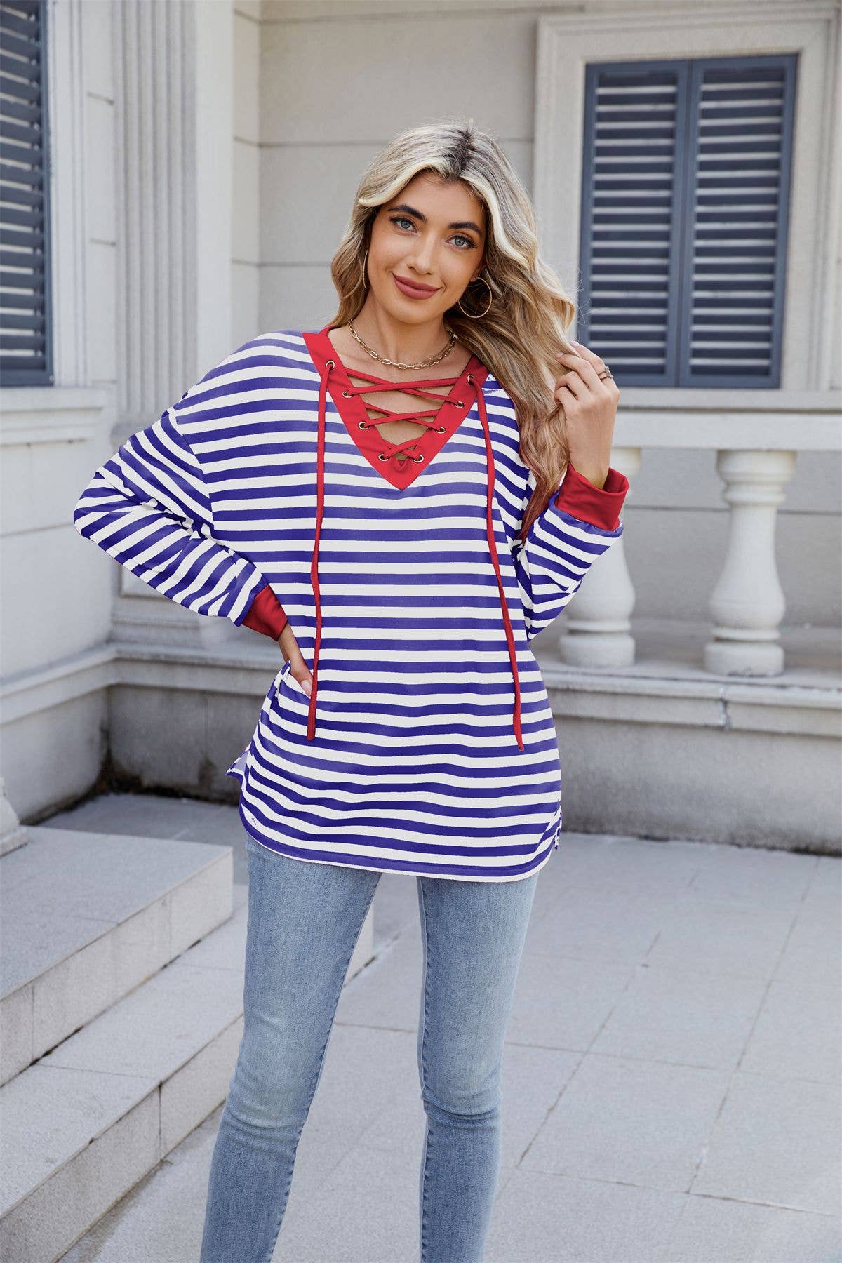 Striped V-neck fashion sexy lace-up sweatshirt
