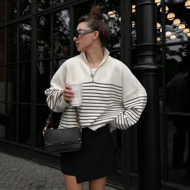 Striped lapel half-zipper knitted sweater